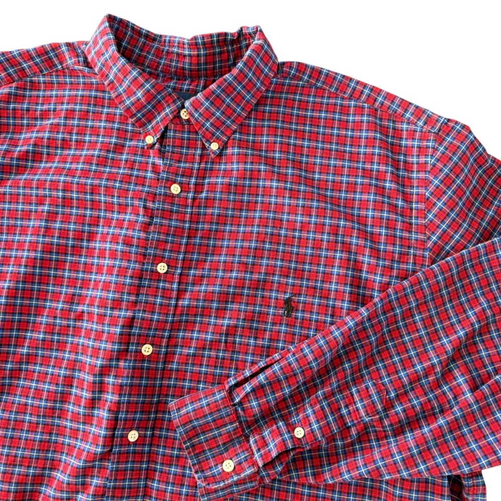 Polo Ralph Lauren Mens 3XB Plaid Button Down Shirt Red Blue Cotton Big & Tall