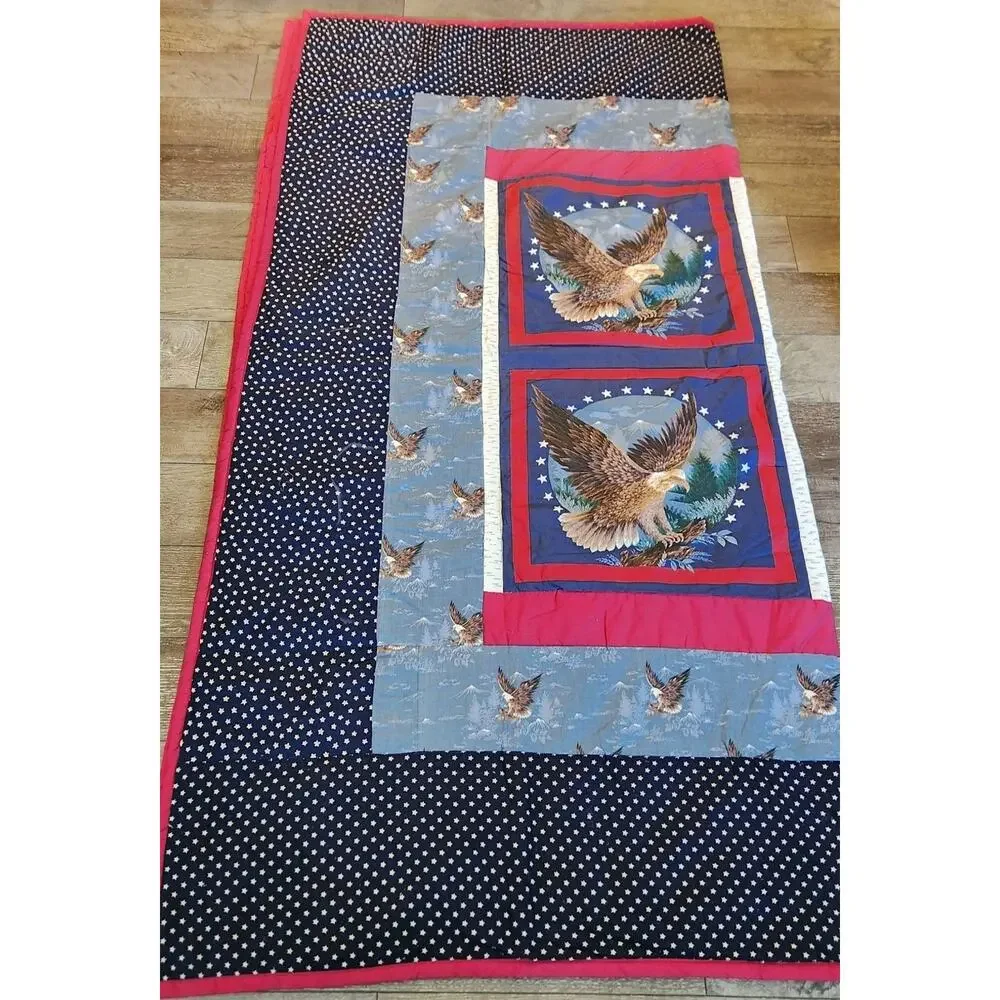 Patriotic Quilt 72 x 70 Red White Blue Eagle Stars 4th of July Handmade