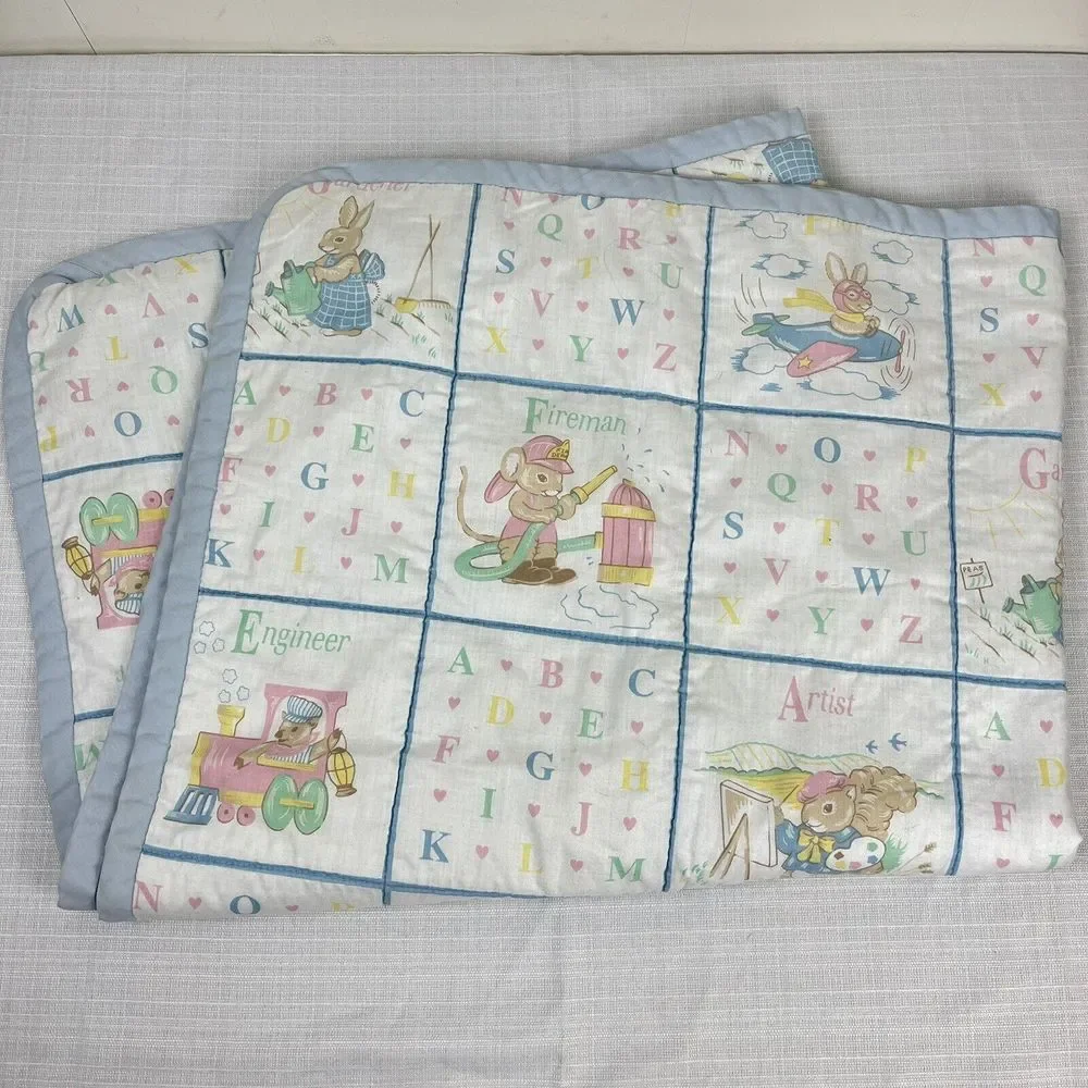 Vintage Baby Blanket Crib‎ Quilt ABCs Animals Pastel Mouse Bunny Bear 42x36