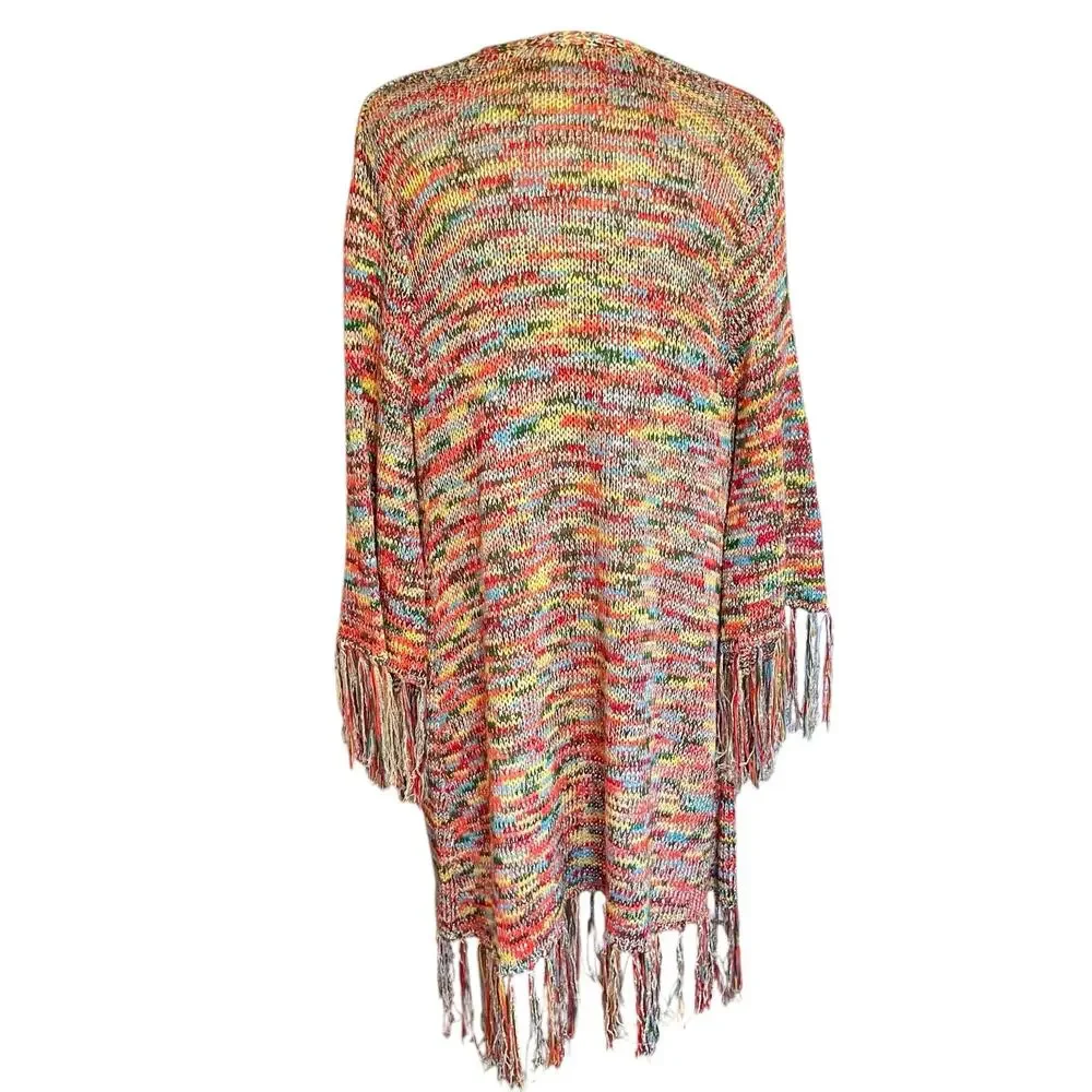 Easel Multicolor Variegated Longline Cardigan Sequins Fringe M/L Boho Festival