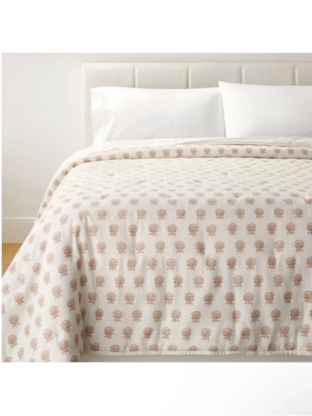 NWT Full/Queen Lofty Cotton Slub Woodblock Print Floral Quilt Off White/Mauve