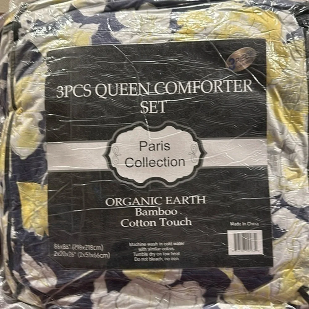3 pc Queen Comforter set Yellow Floral Print Organic Earth Bambo Cotton Touch