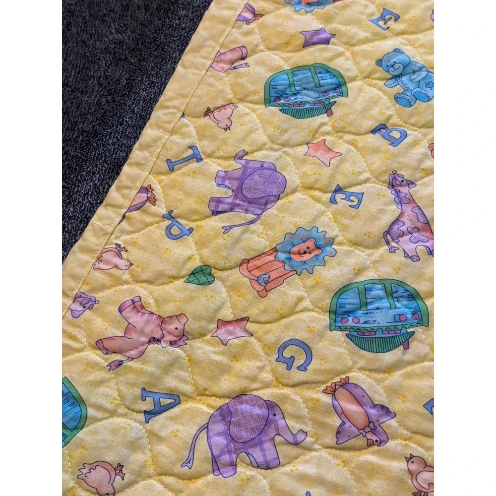 1990s  Baby Quilt Alphabet Animal Noahs Ark Nursery Blanket Yellow Pastel 34x41