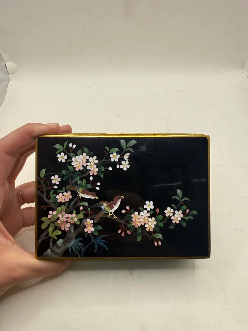 Vtg Japanese Black Lacquer Jewelry  Trinket Box Cherry Blossom Birds Gold Tone
