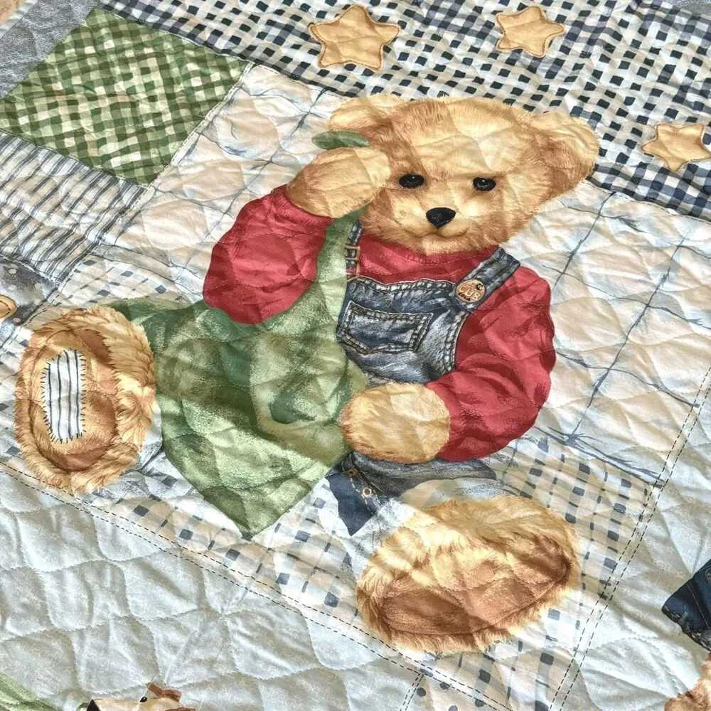 Baby Nursery Crib Quilt Blue Jean Teddy Bear Quilt REVERSIBLE Daisy Kingdom Vtg