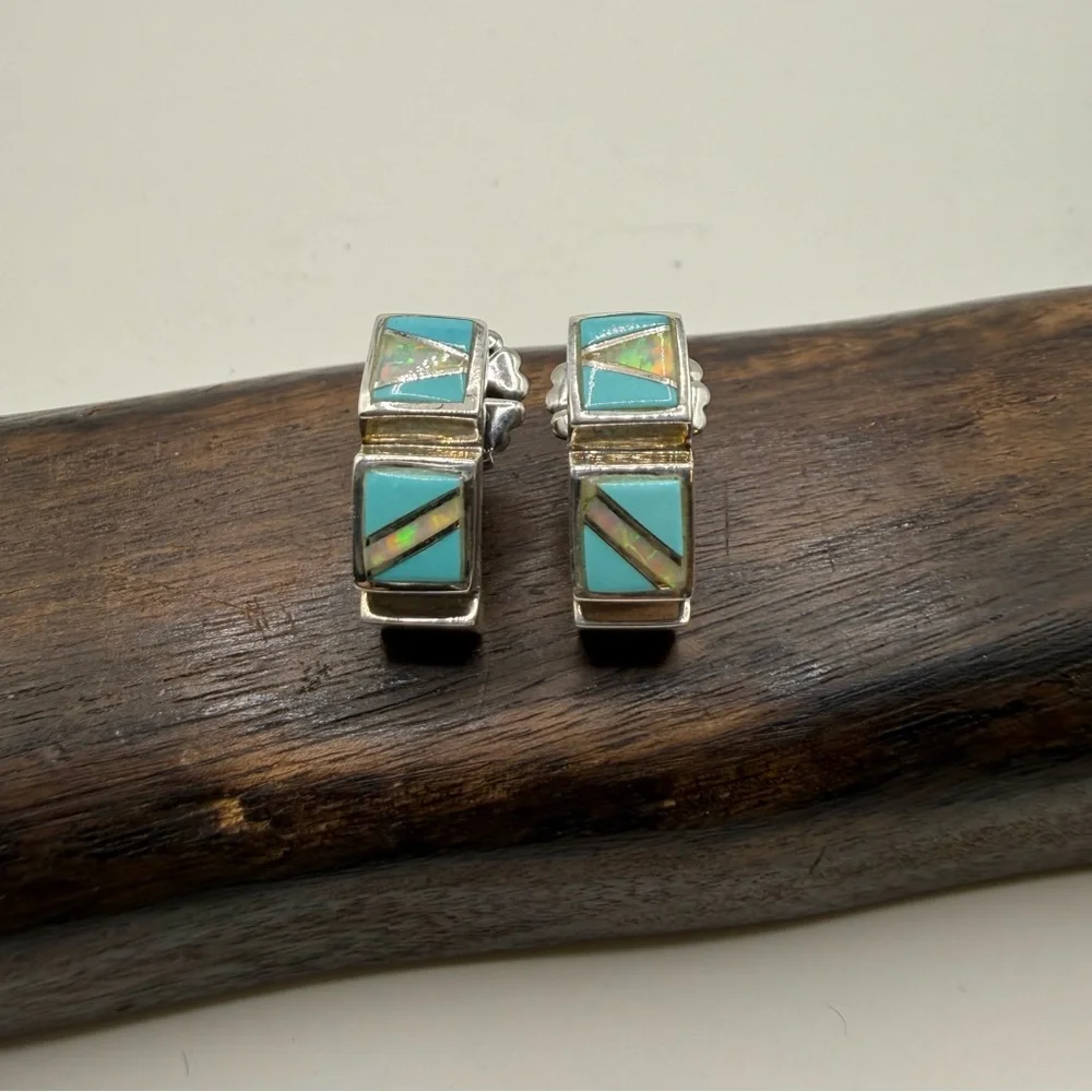 Sterling‎ Silver Turquoise Opal Earrings Half Hoop Pierced 925 Backing Square