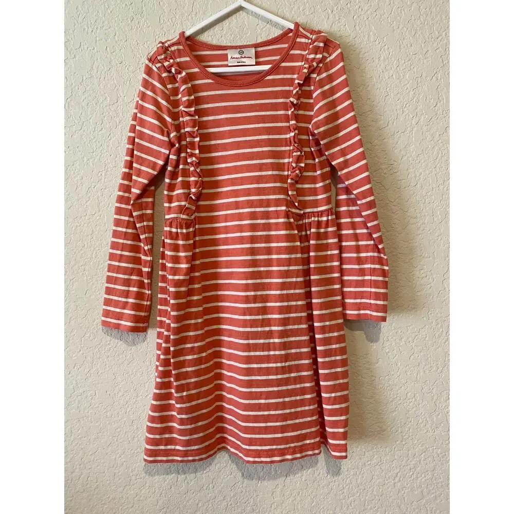 Hanna Andersson Pink White Striped‎ Dress Size 120 6-7 100% Cotton Beach Ruffles