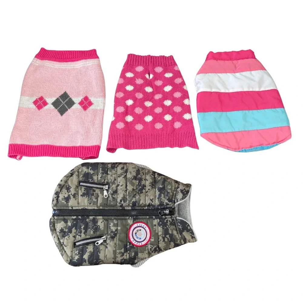 Lot of 4 SM-MED‎ 14-17 lb. Dog Sweaters Coats Apparel Pink Camo Polka Dot Argyle