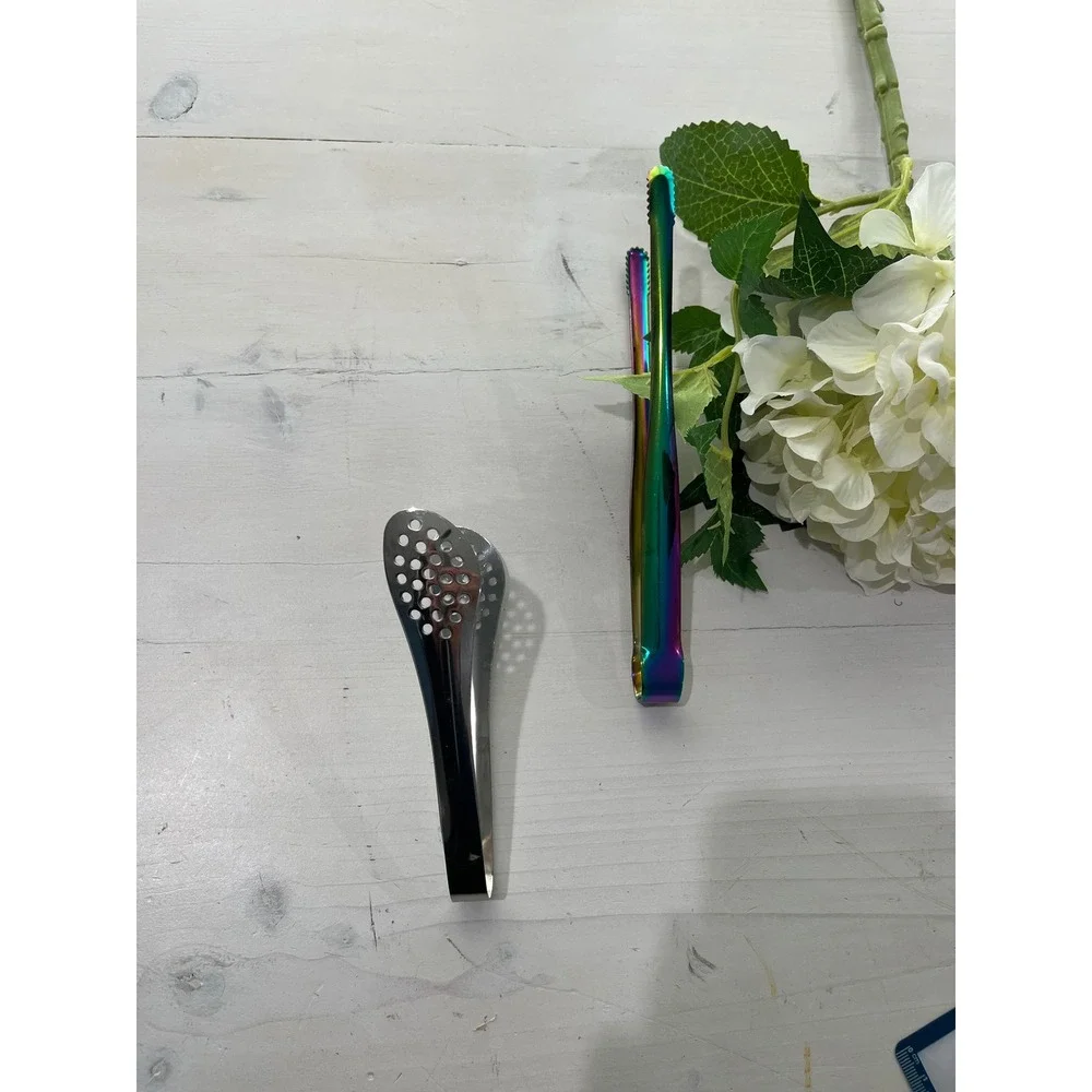 Rainbow Serving Tongs & Stainless Steel Silver Mini Kitchen Tongs Set‎ of 2