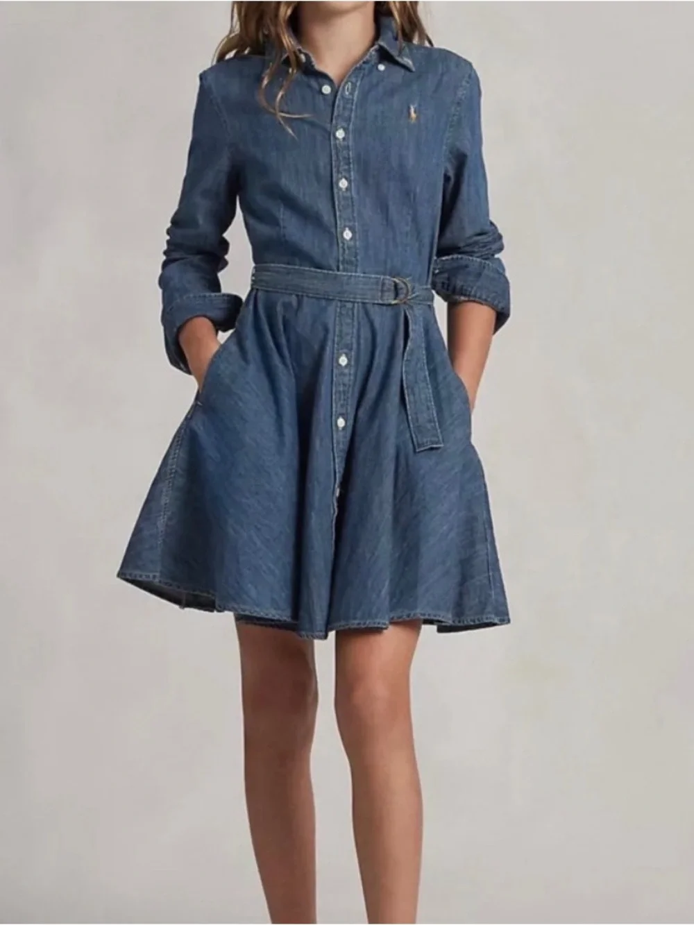 Ralph Lauren Belted Cotton Denim Button Down Shirt Dress Girls Youth size 7