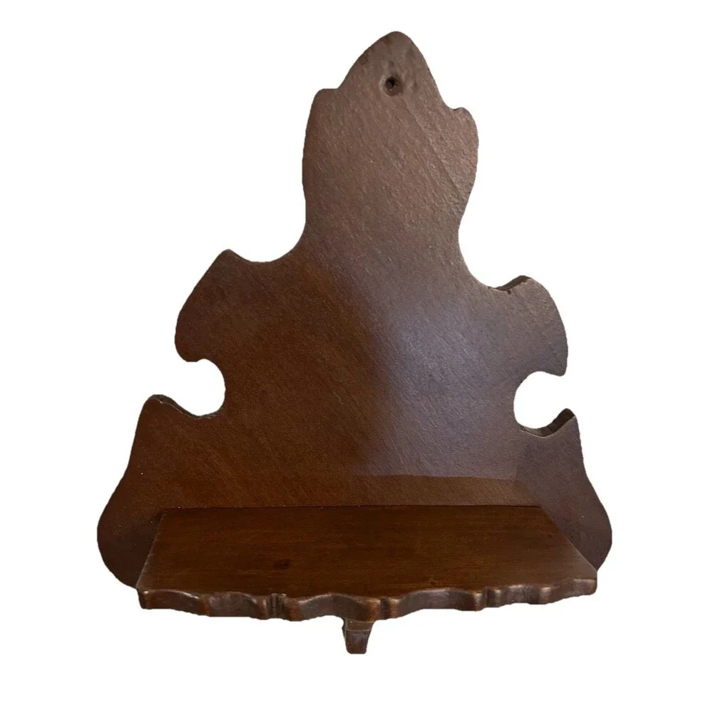 Vintage MCM Wooden Wall Shelf Decorative Scroll-cut Design Dark Brown Display