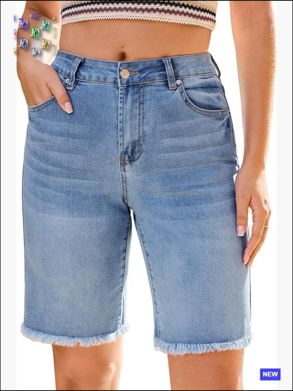Bermuda Jean Shorts Mid Rise Raw Hem Stretchy Denim Long Shorts Knee Length