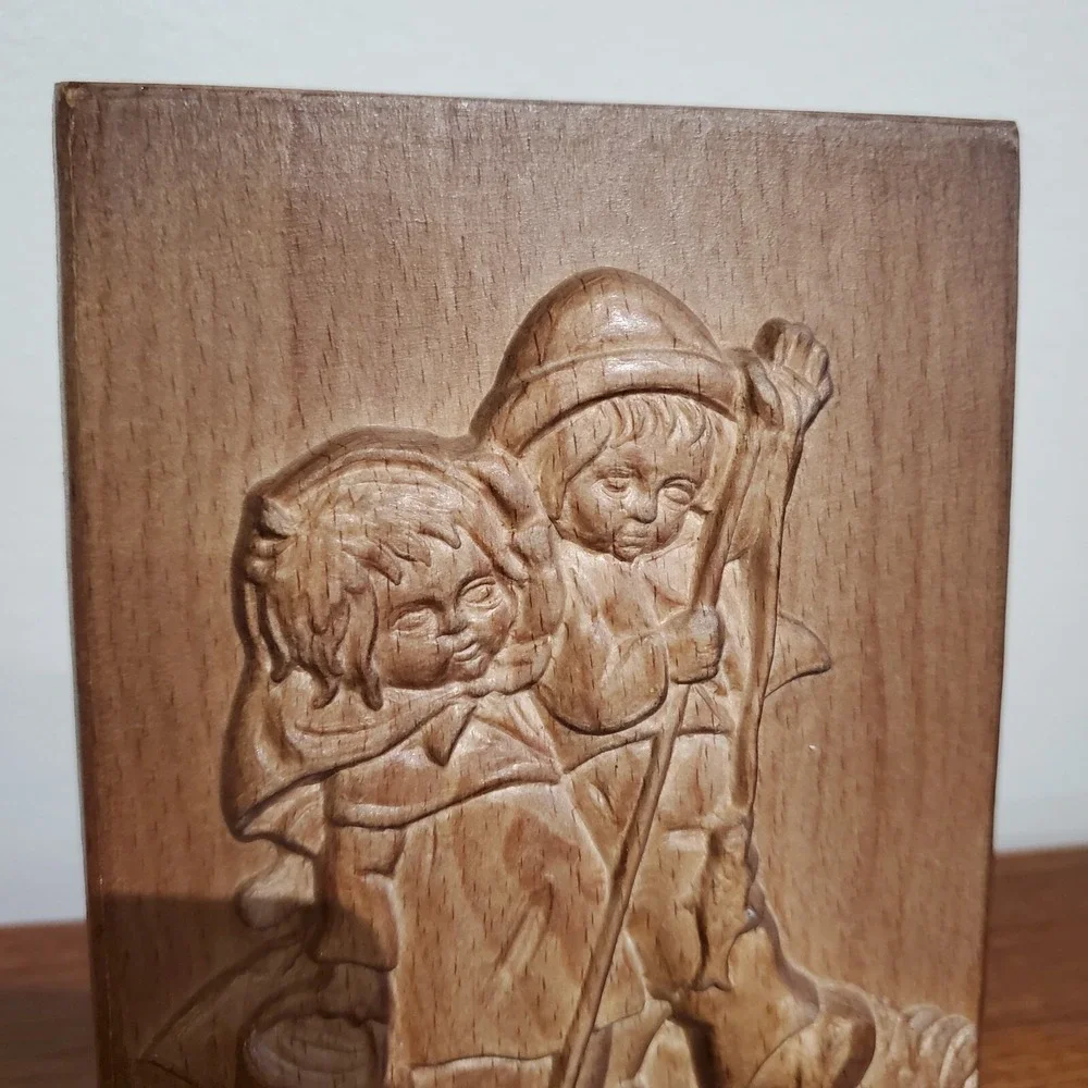 Toni Baur‎ carved wooden wall hanging, boy and girl with fishing pole and fish