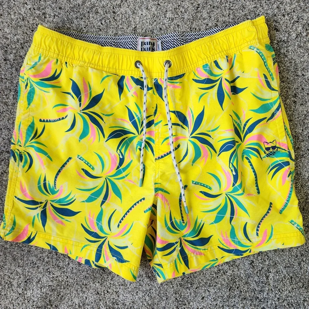 Party Pants Swim Trunks Mens Large Yellow Tropical‎ Palm Print Excellent