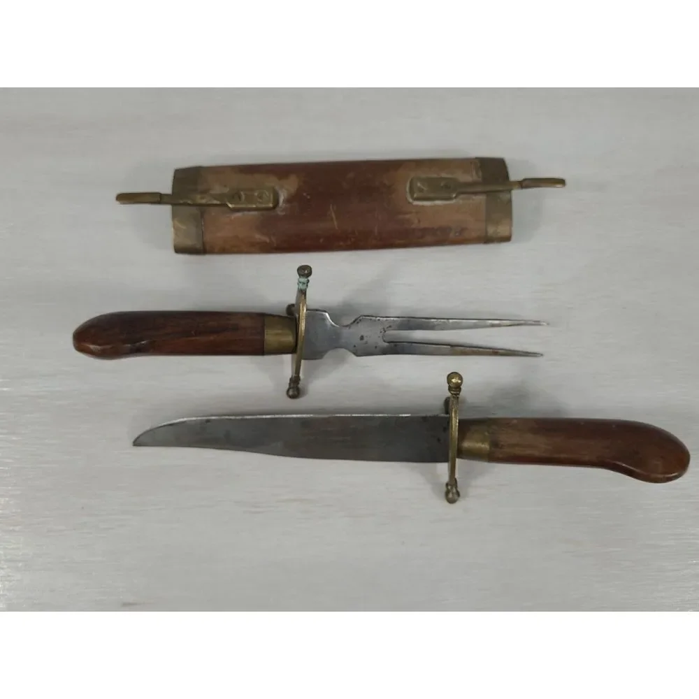 Vintage Indian Meat Carving Set Knife & Fork With Wood‎ Handle & Sheath