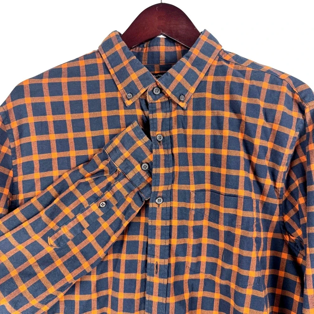 Banana Republic Mens XL Luxe Flannel Shirt Navy Orange Check Untucked Slim‎ Fit