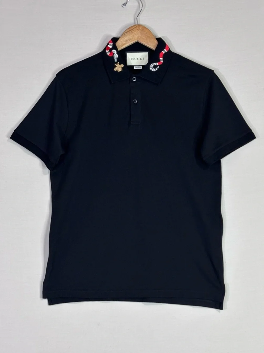Gucci Men's Black Polo with Embroidered Collar