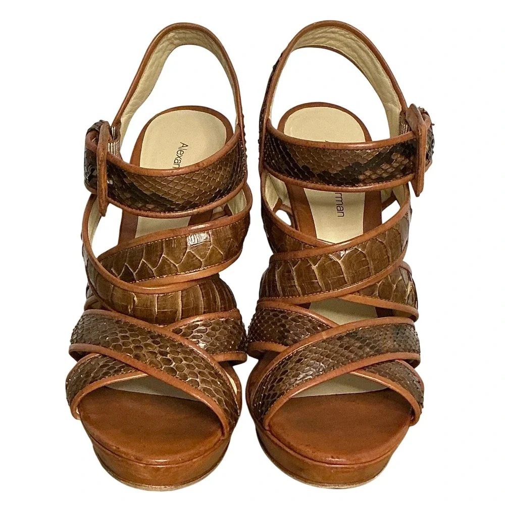 Alexandre‎ Birman Snakeskin Strappy Wedge Sandals Brown Leather Heels