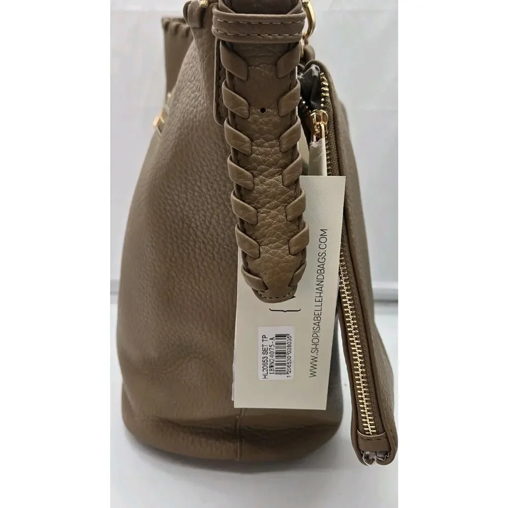 Isabelle Vegan Pebble Leather Brown Hobo Bag Braided Shoulder Strap NWT Wristlet