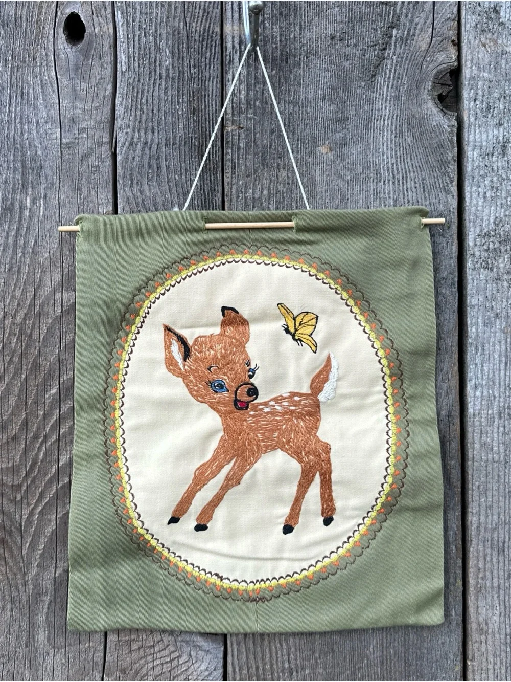 Vintage Fawn Deer & Butterfly Needlepoint Wall Hanging Cottagecore 12