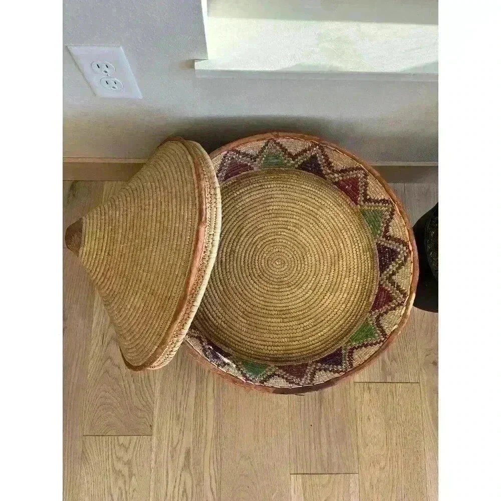 Antique Large woven basket With Lid Reversible Pointed Coil Cone Leather Piping