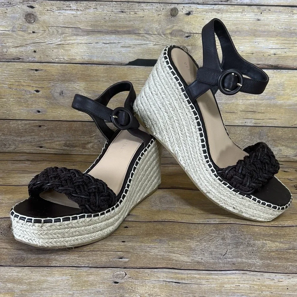 Veronica Beard Black Braided Espadrille Wedge  Leather Ankle‎ Strap Size 10