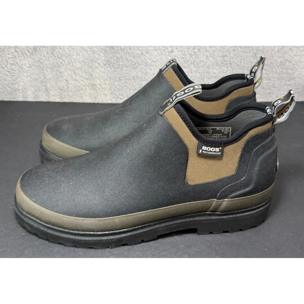 Bogs Tillamook Bay Waterproof Boots Mens 12 Black Olive Rubber Slip On 68142-001