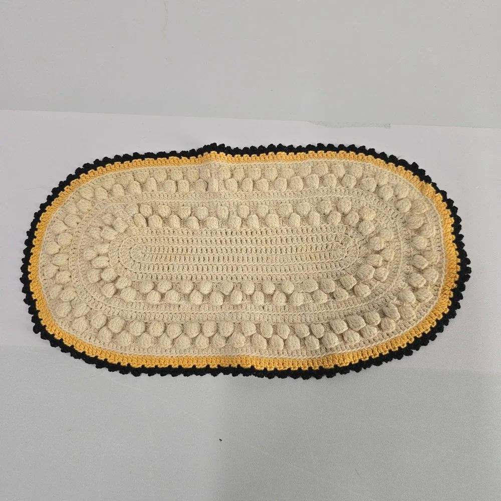 Vintage Small Oval Crochet Rug Cream Yellow Black Bobble Textured Accent‎ Mat
