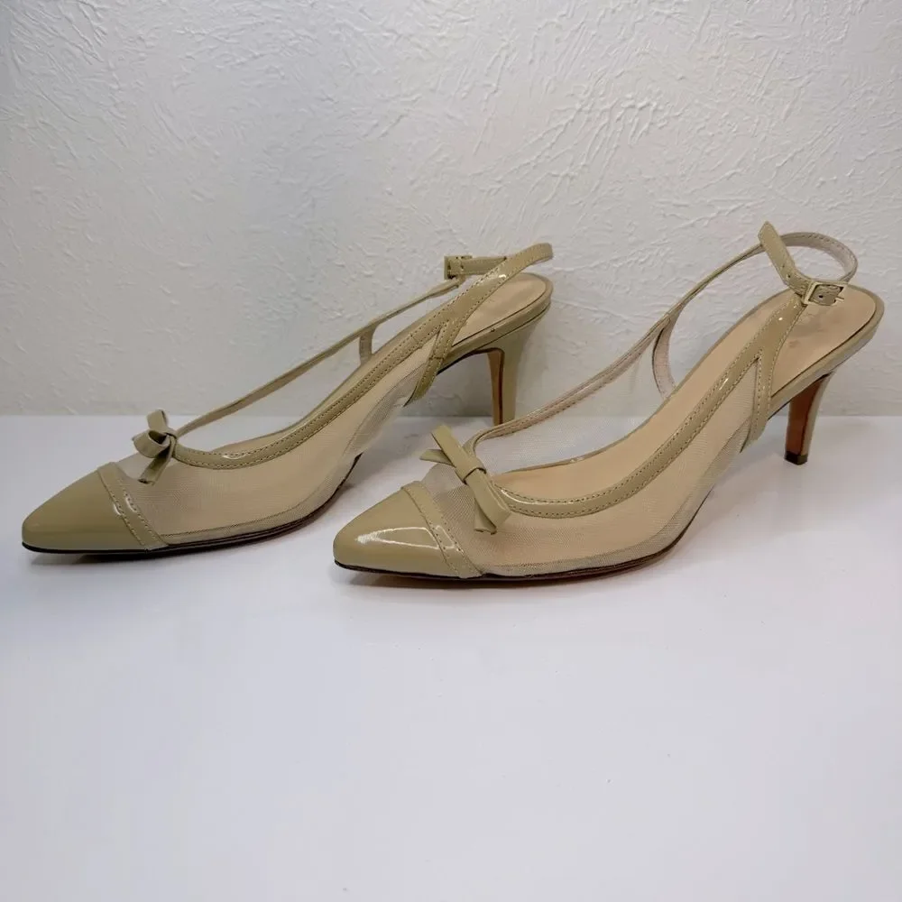 Kate Spade Midge Bow Beige Patent Leather Mesh Pumps Size 8
