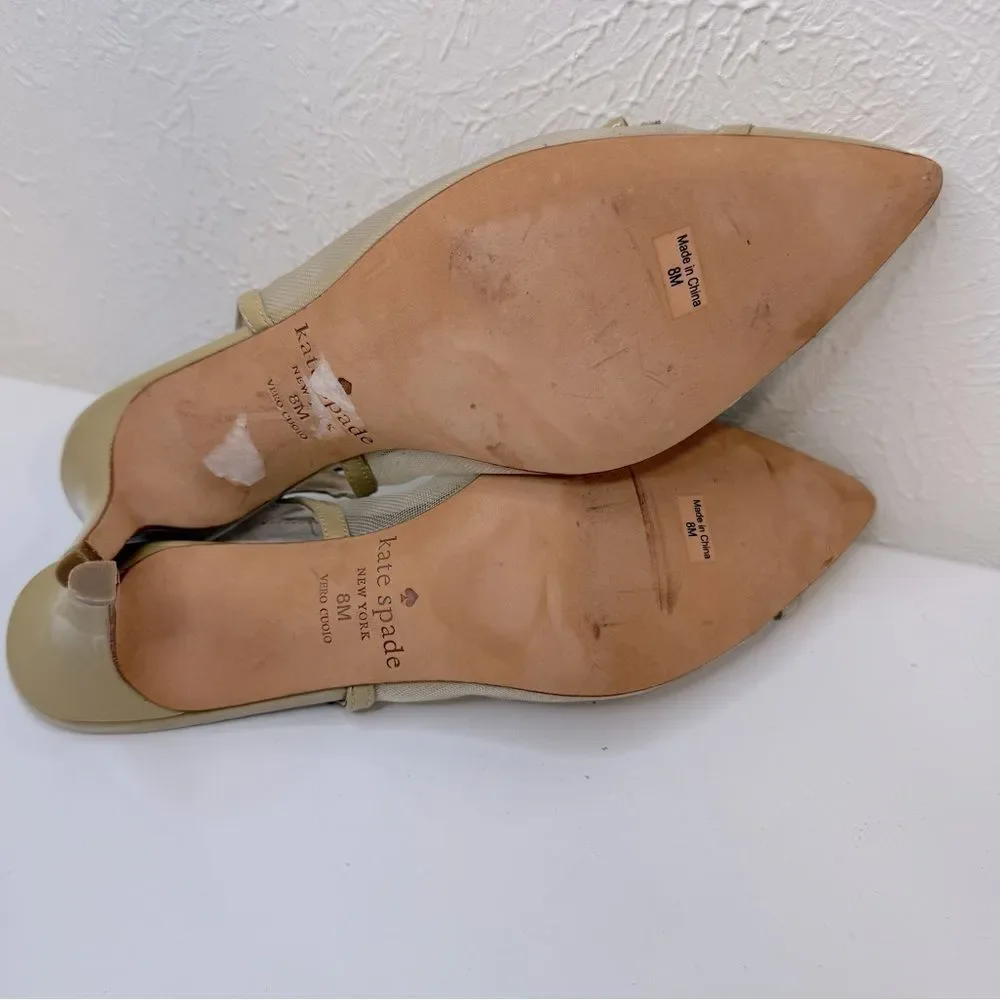 Kate Spade Midge Bow Beige Patent Leather Mesh Pumps Size 8