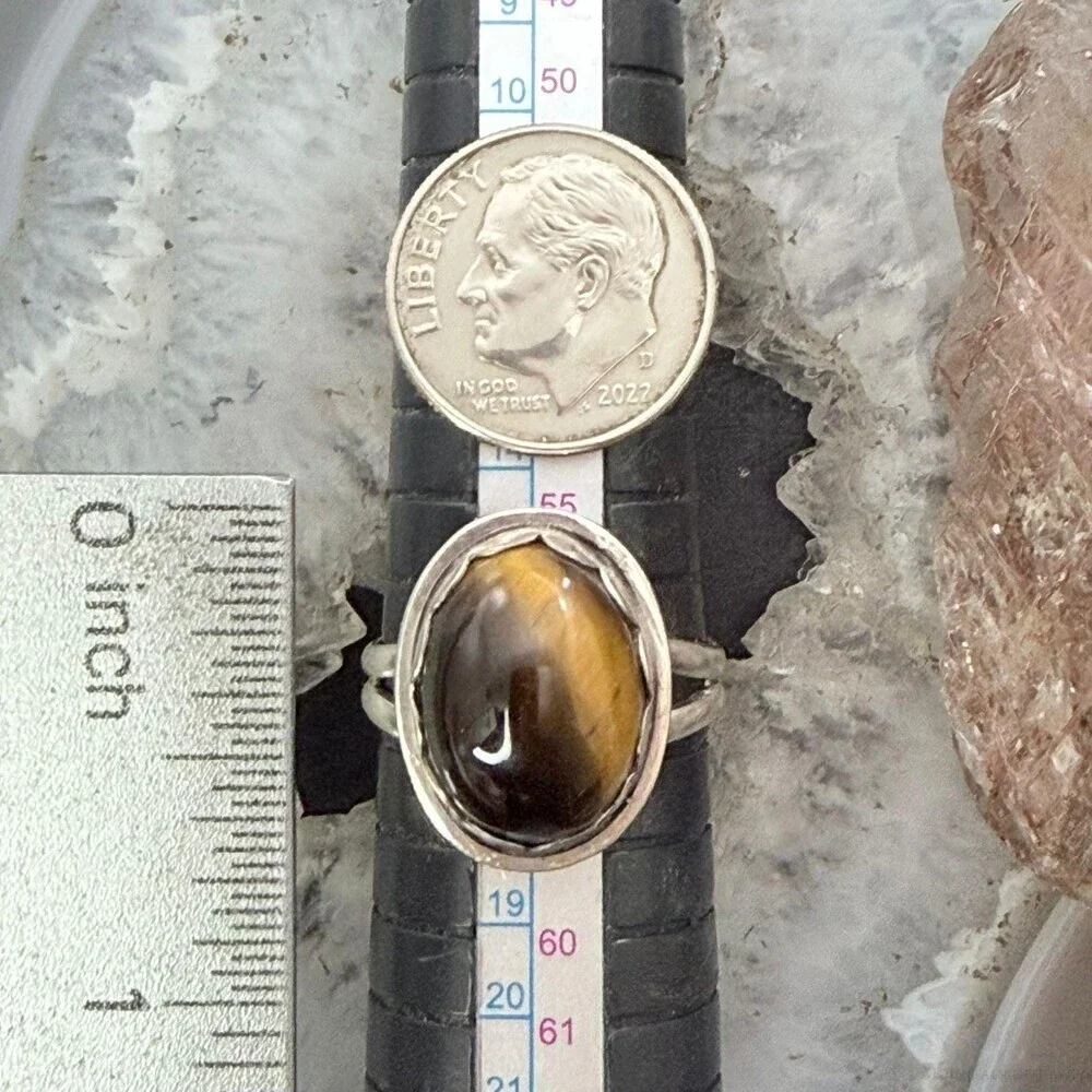 Sterling Southwestern Style Oval Tiger's Eye Decorated Ring Size 8 For Women