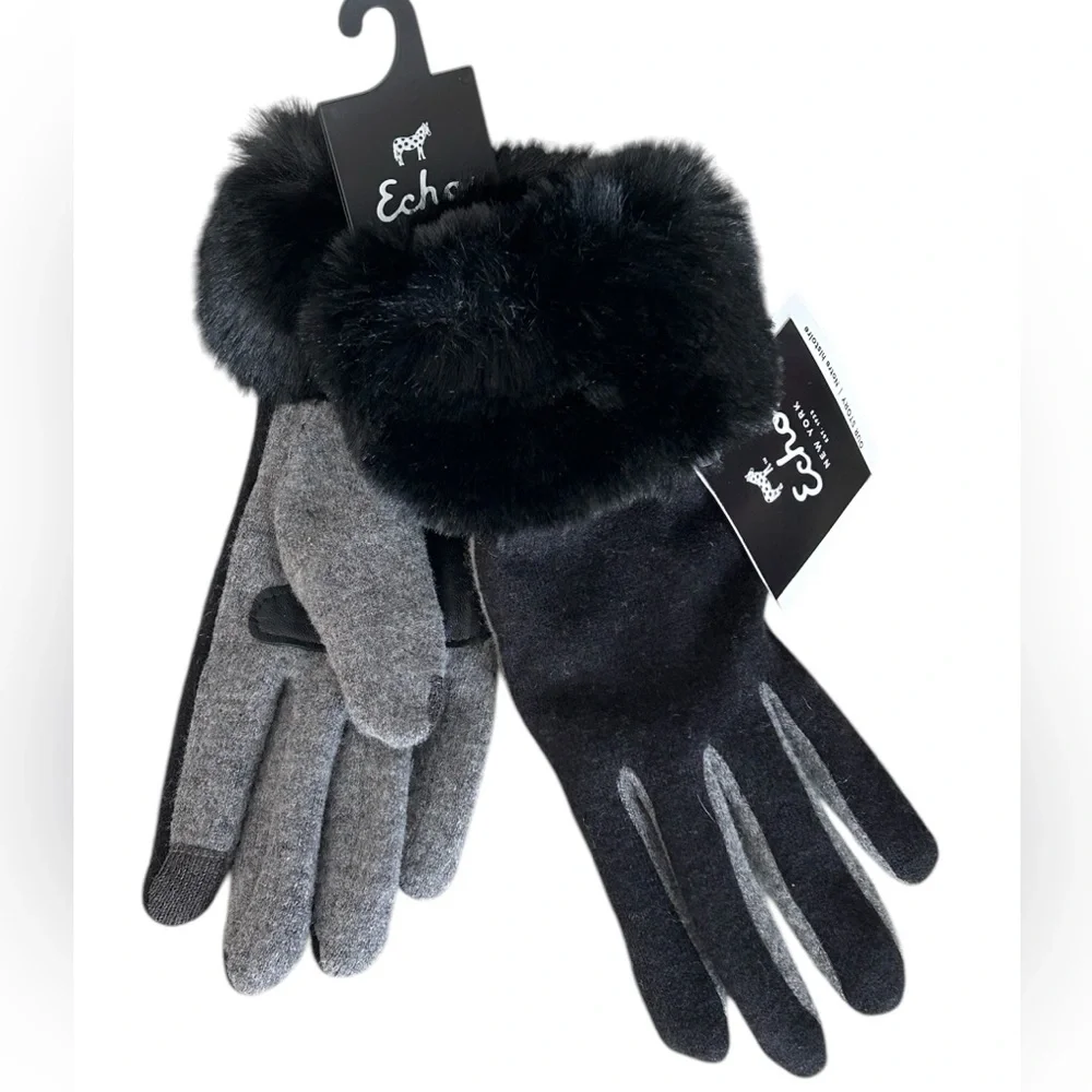 NWT Echo NY Black Gray Faux Fur Wool Cashmere Stretch Text & Touchscreen Gloves