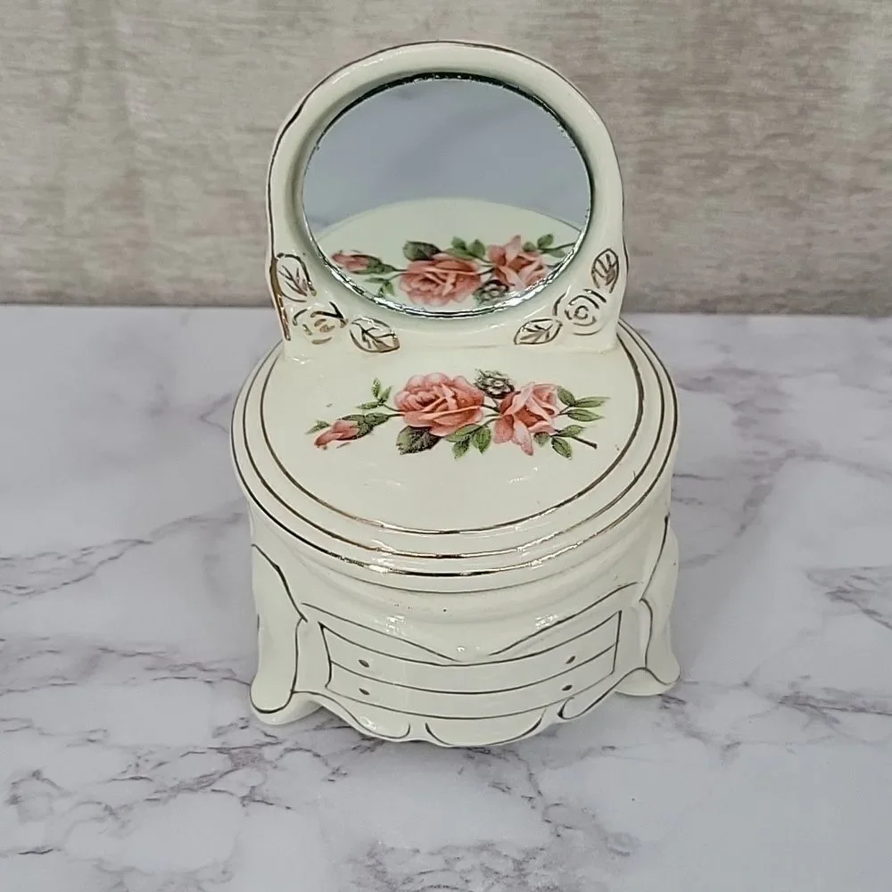Jewelry Trinket Box Dresser Vanity with Mirror Vintage Floral Cream