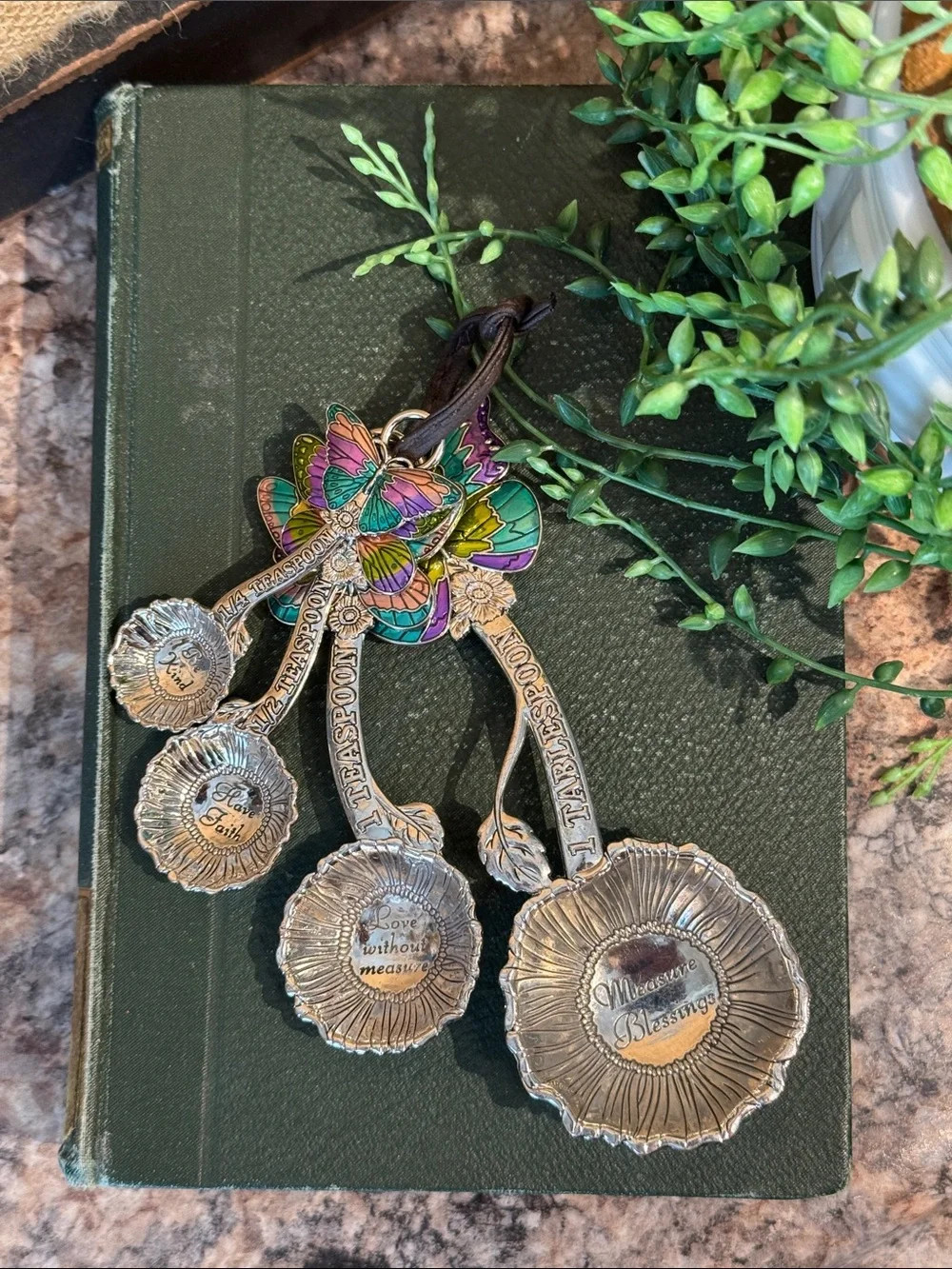 Silver Floral Measuring Spoon Set with Colorful Butterfly Handles