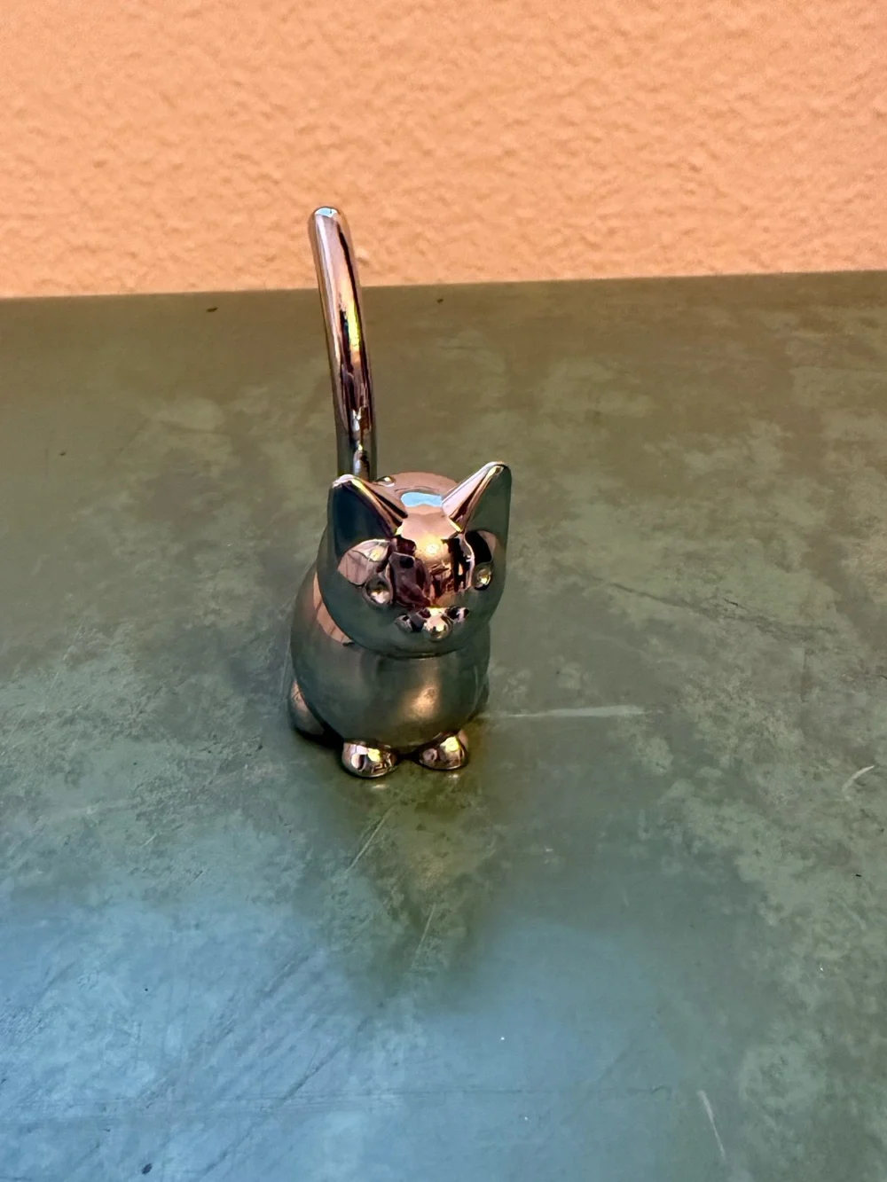 Silver Brass Cat Ring Holder w White Heart Shape Ceramic Keepsake Box