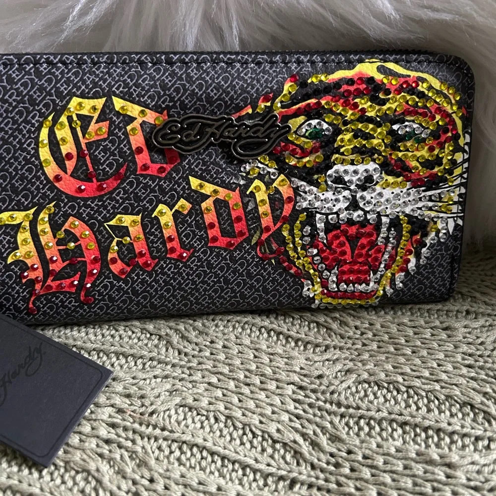 NWT Ed Hardy Tiger Black Wallet with Red, Yellow & White Studded Tiger, Size Lg