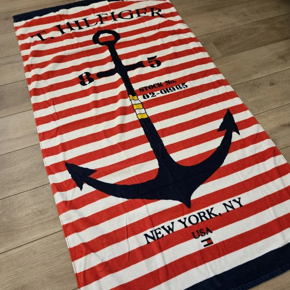 Tommy Hilfiger‎ Large Anchor Beach Towel 35x66 Nautical Red White Blue Patriotic
