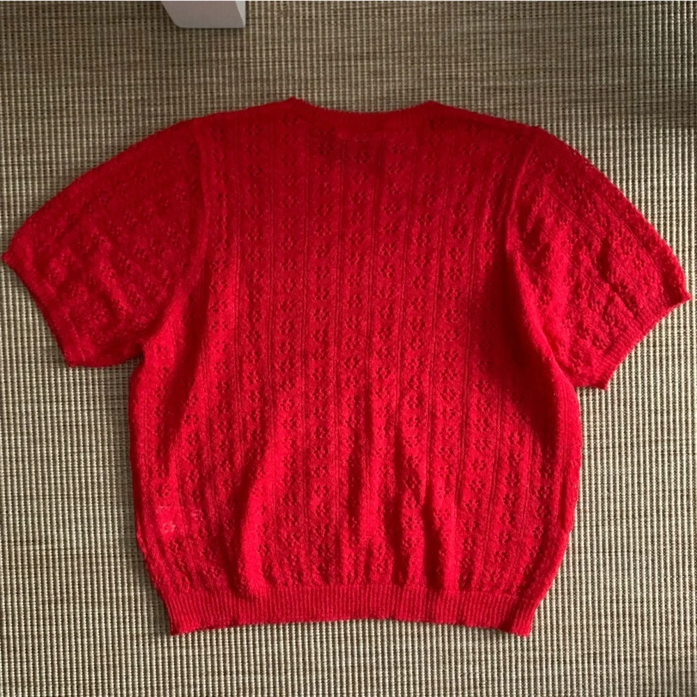 Doen Monica Alpaca Wool Pointelle Short Sleeeve Crew Neck Sweater Top Cherry Red