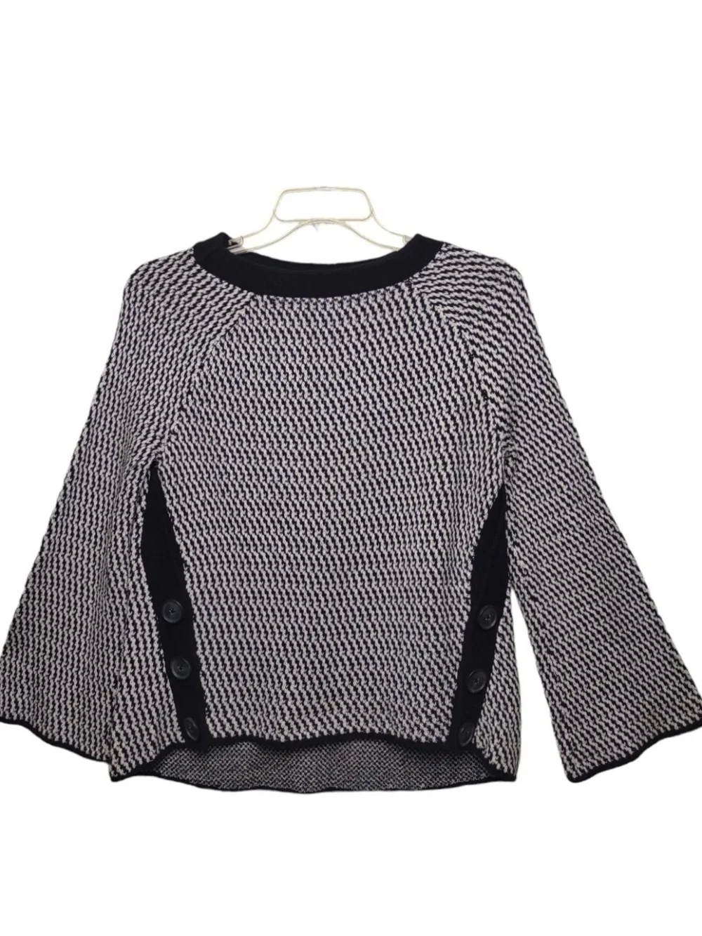 LOFT Black & White Textured Flare Sleeve Sweater with Side Button Panels