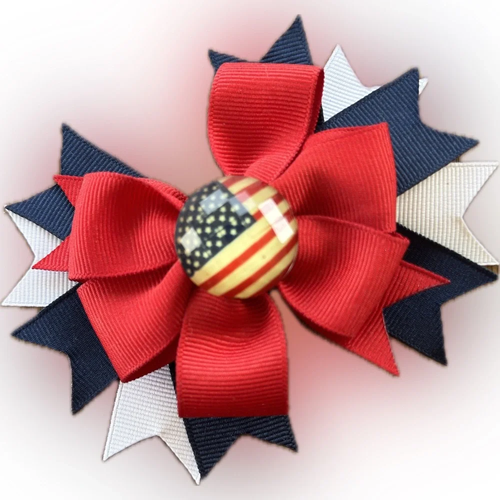 Red/White/Blue Flag Embellished Hair Bow with Clip - Handmade by Me