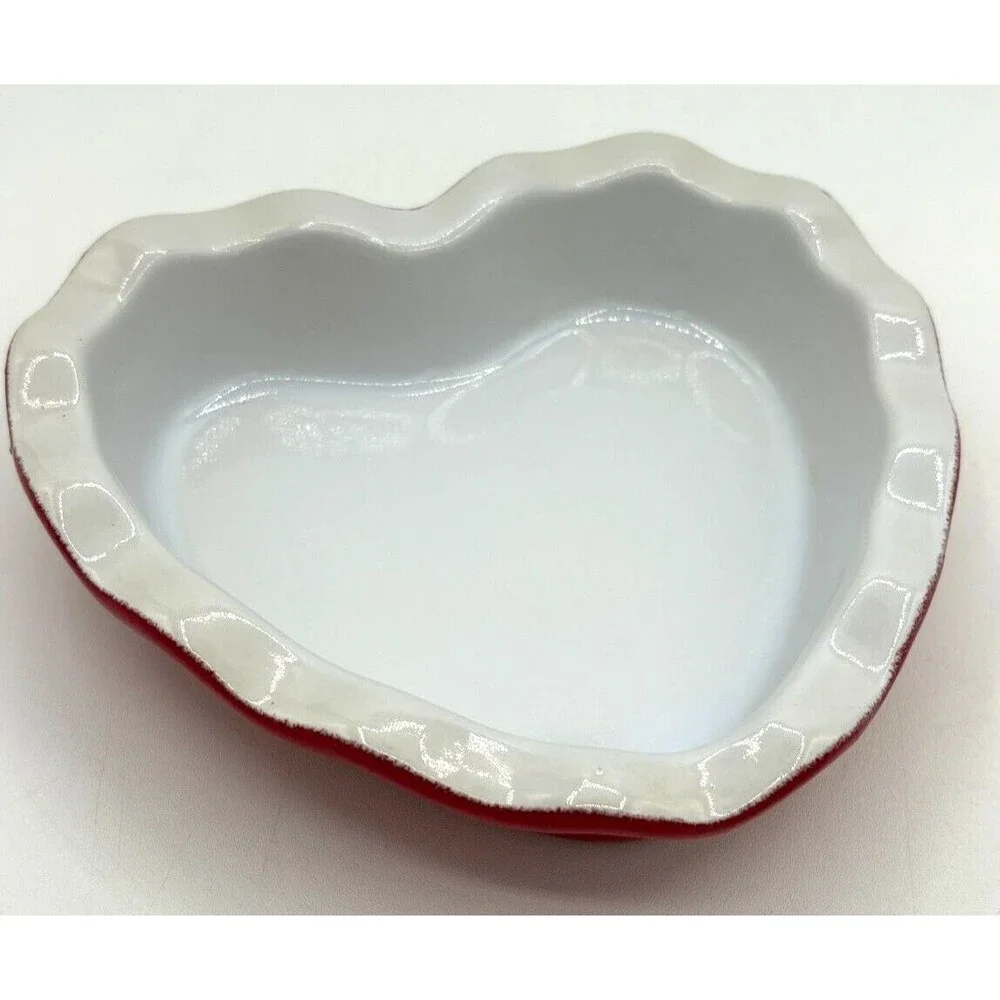 Emile Henry Red‎ & White Heart Shape Ruffled Dish Made in France 5 3/4” 61.49