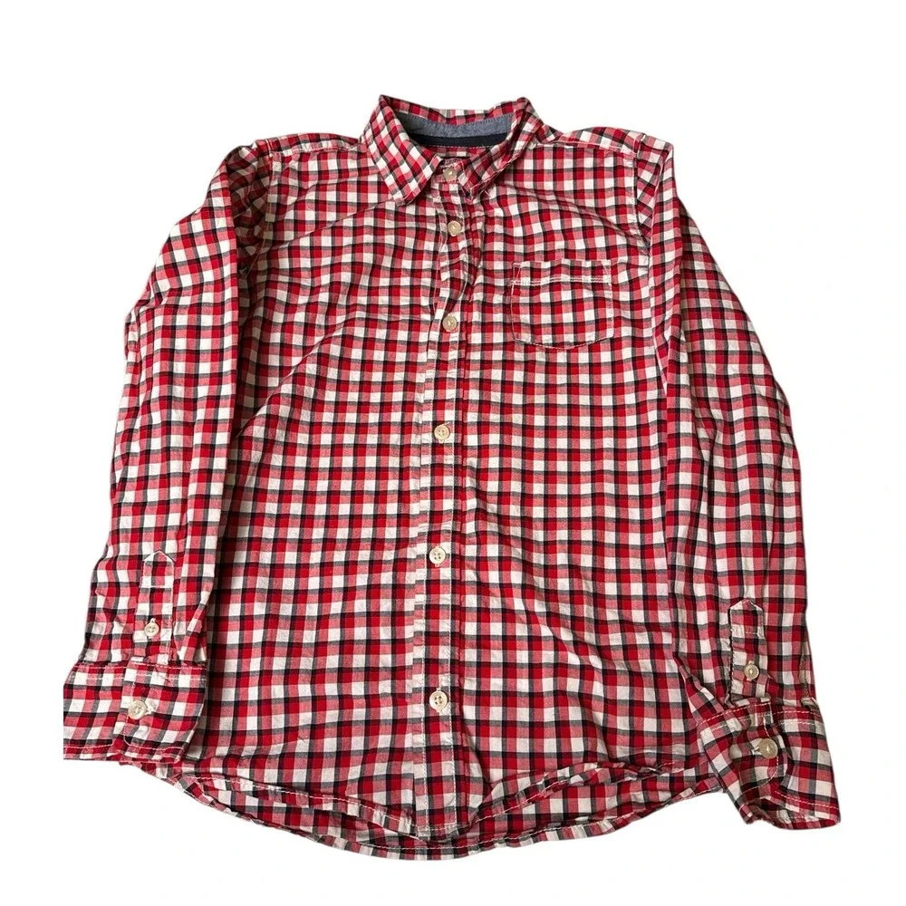 Osh Kosh Boy's‎ Flannel Plaid Shirt Plaid Size 14 Red Blue Button Down Farm 474