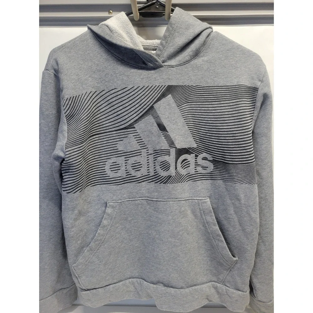 Kids Adidas Gray Hoodie Athletic Logo Pullover‎ Sweatshirt Size Medium