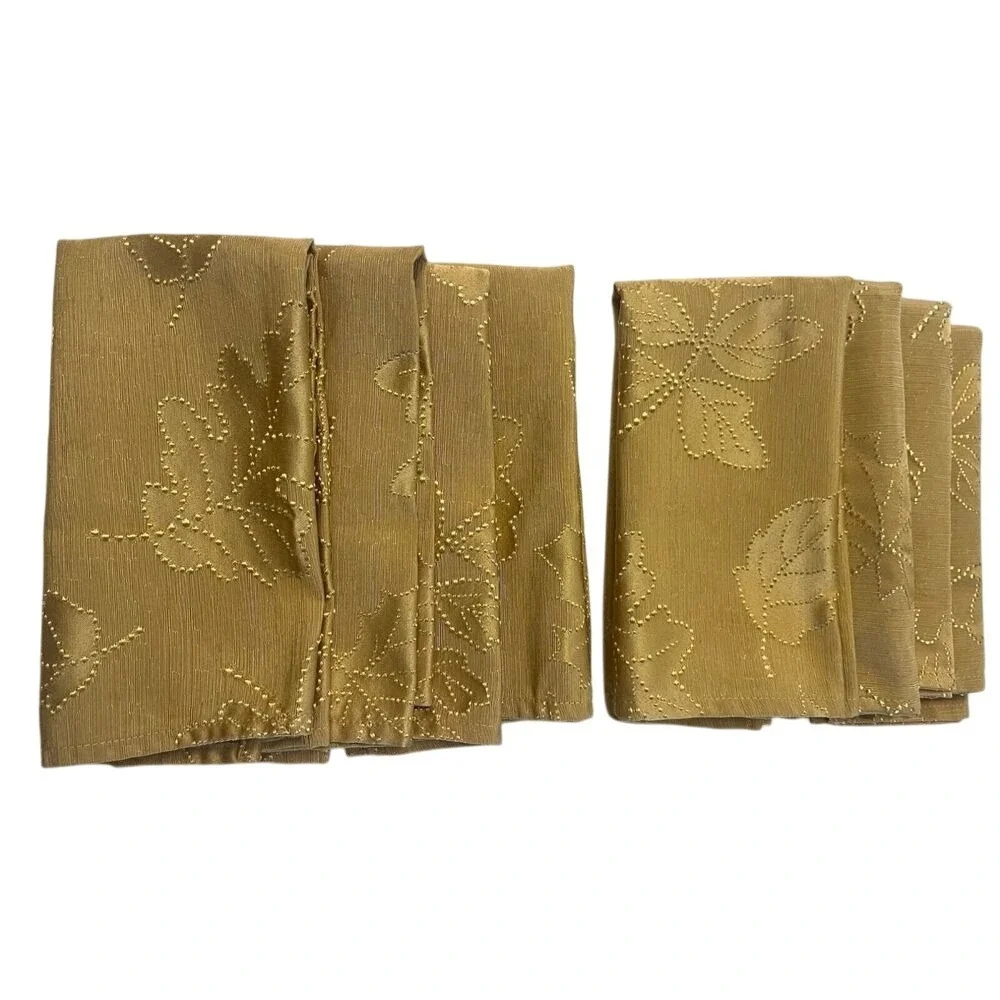 Set 8 Gold Dinner Napkins W/ Raised Leaf Designs Christmas Holiday 18