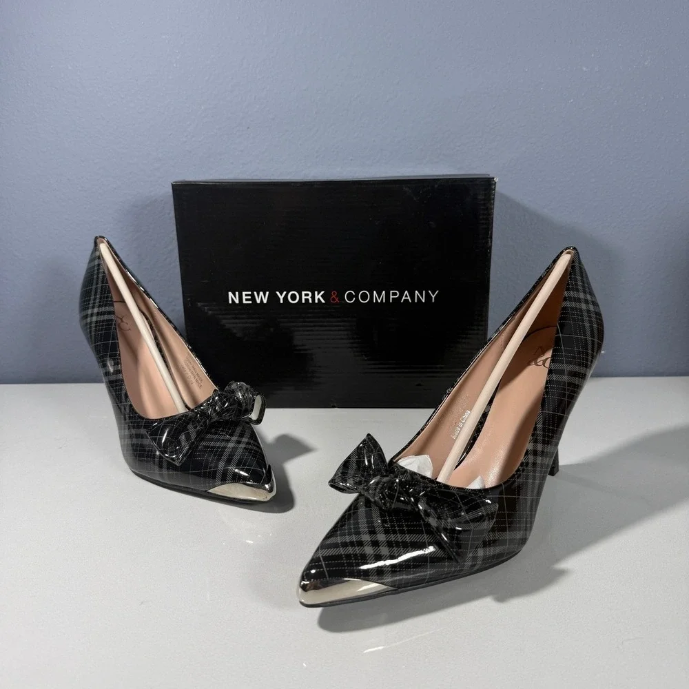 New York & Company Wendy Metal Accent Bow Pump Black Grey Plaid Stiletto Size 9‎