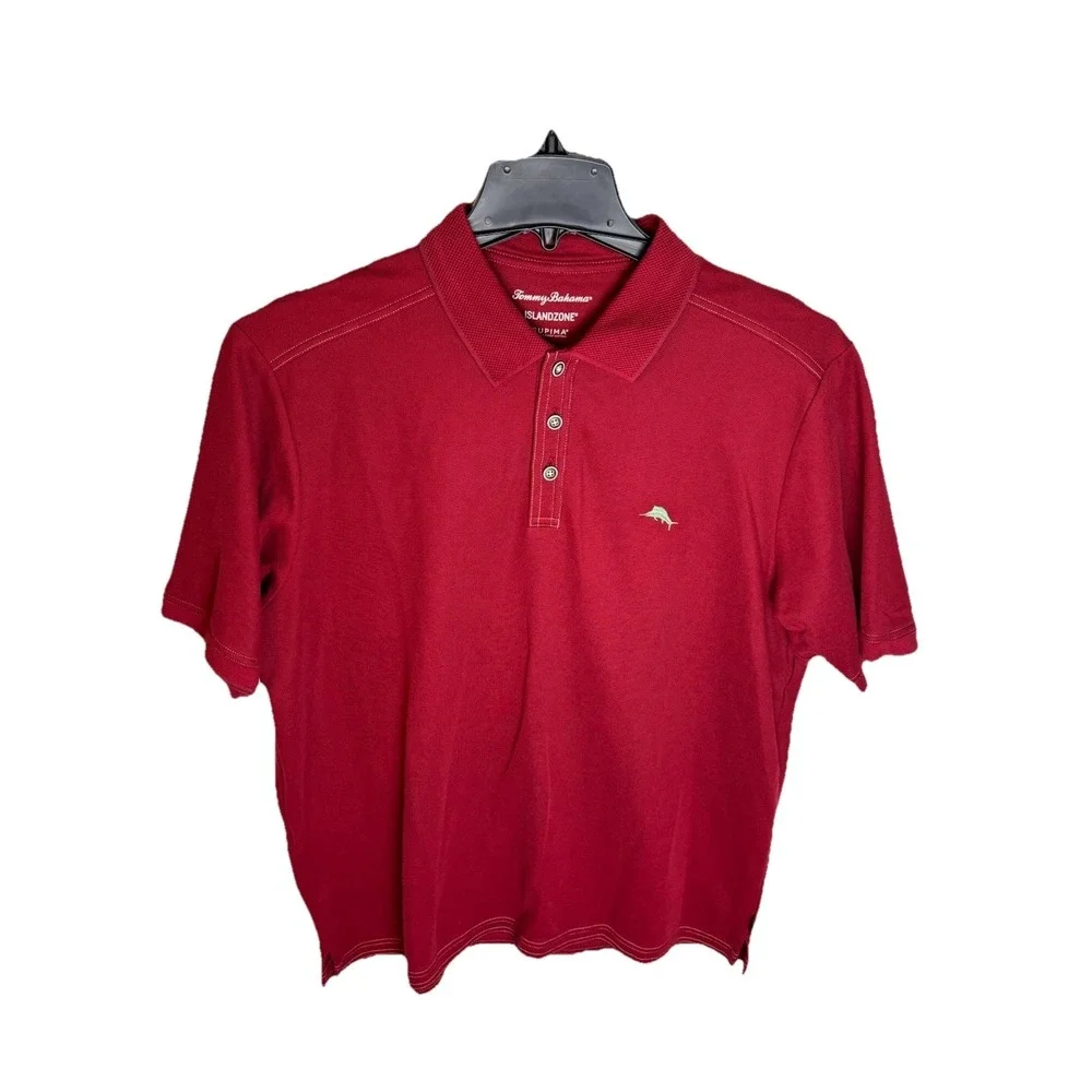 Tommy Bahama Mens Polo Shirt LG Red Solid Short Sleeve Pima Cotton Blend