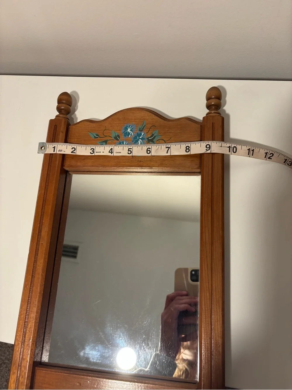 Vintage 1980s Wood Wall Mirror with Hand-Painted Floral Accent