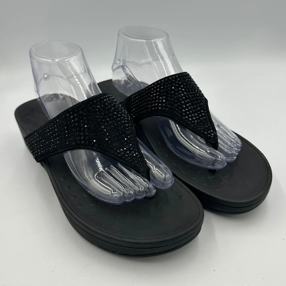 Vionic Naples Rhinestone Thong Sandals Black Comfort Slides wedge  W11 EU43