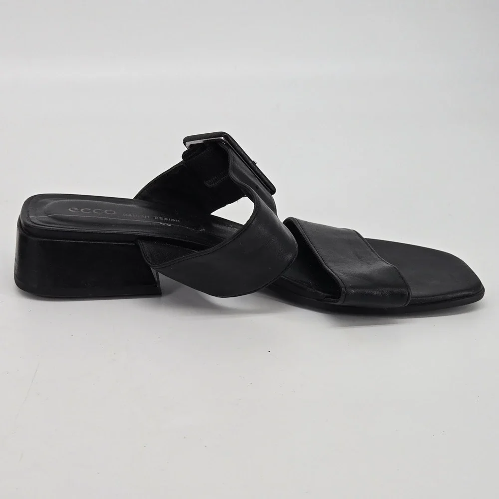 Ecco Danish Design Black Leather Wide Buckle Strap Block Heel Sandals 38 / 7
