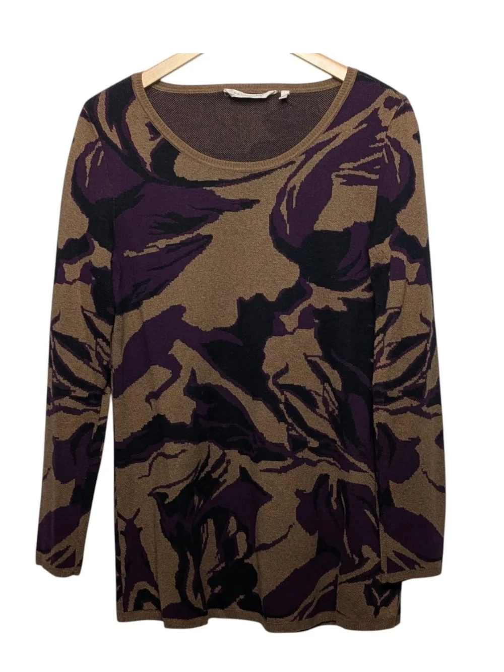Soft Surroundings Brown, Purple & Black Abstract-Print Long Sleeve Sweater Top